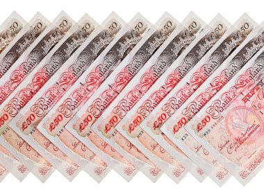 Many 50 pound sterling bank notes business background, isolated clipart