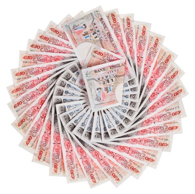 50 pound sterling bank notes fanned out, isolated on white clipart