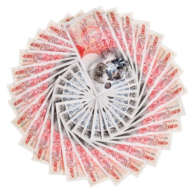 Many 50 pound sterling bank notes with diamonds fanned out, isol clipart