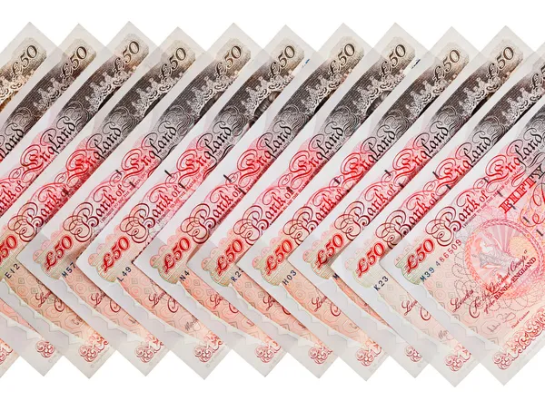 Många 50 pund sterling sedlar business bakgrund, isolerade — Stockfoto