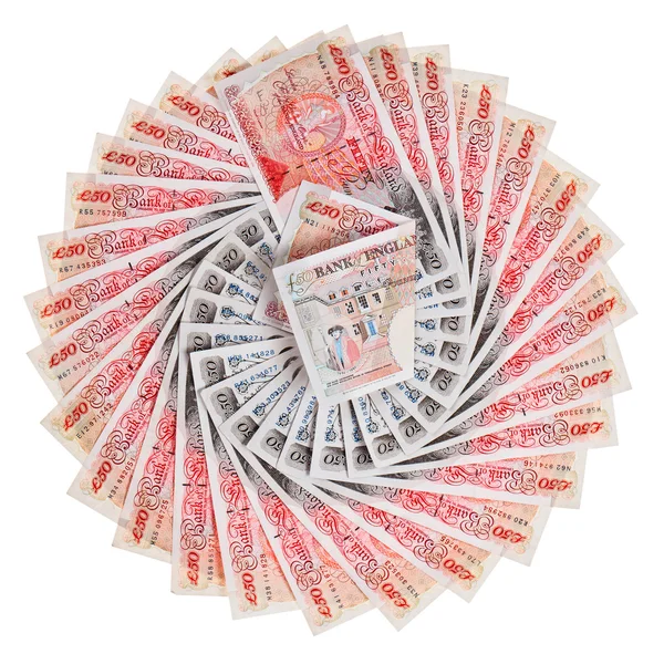 许多 50 英镑英镑纸币成扇形散开，孤立在白色 — 图库照片