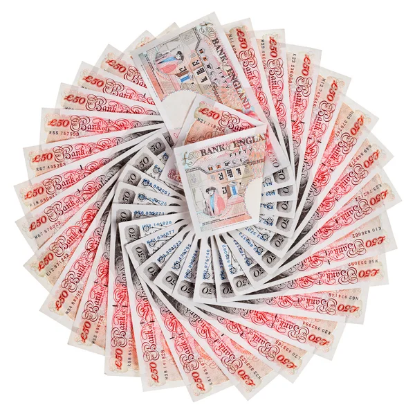 50 pound sterling bank notes fanned out, isolated on white — Stock Photo, Image
