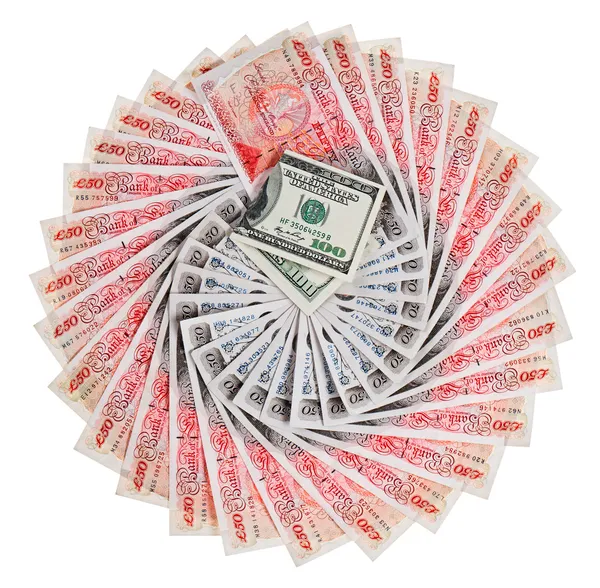 Many 50 pound sterling bank notes with 100 dollar fanned out, is — Stock Photo, Image