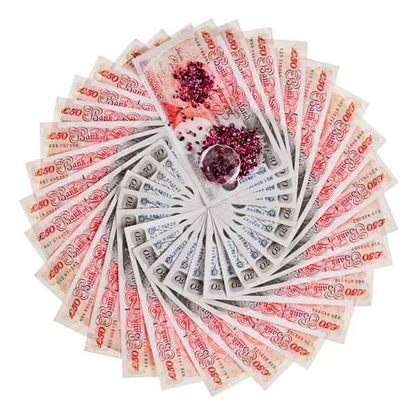 Mnoho Libra 50 euro bankovky s diamanty se rozběhly, izolovaných na květi — Stock fotografie