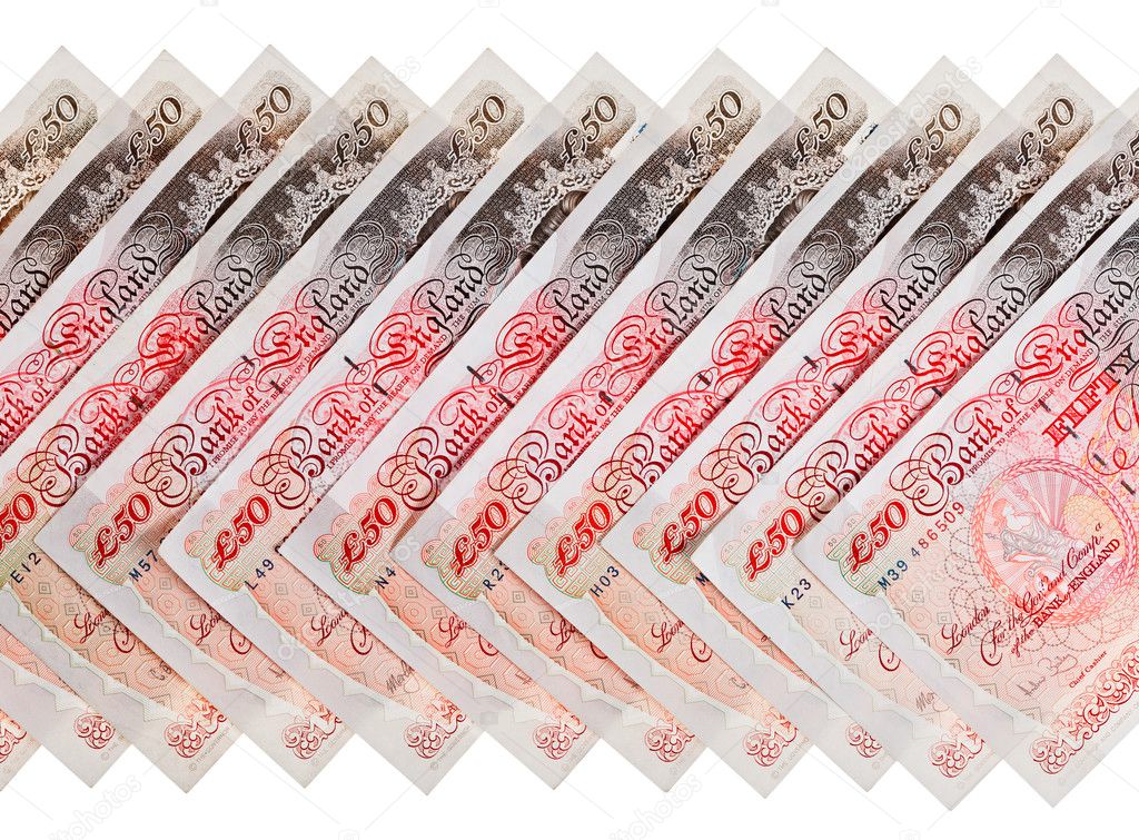 Many 50 pound sterling bank notes business background, isolated