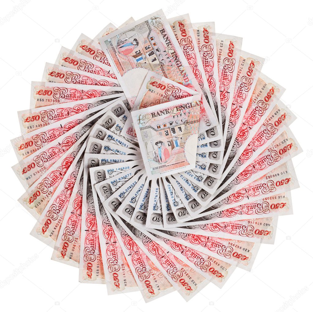 50 pound sterling bank notes fanned out, isolated on white