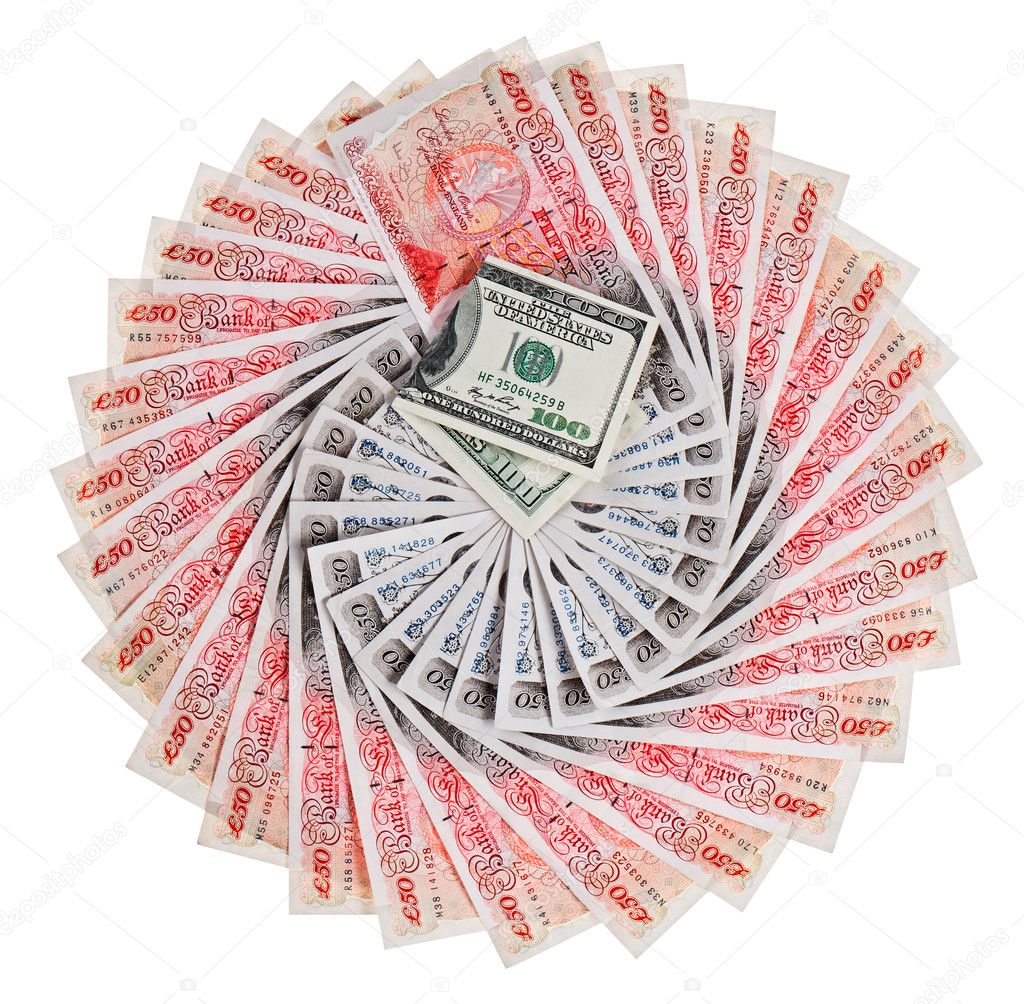 Many 50 pound sterling bank notes with 100 dollar fanned out, is