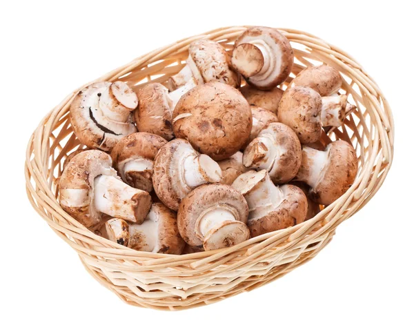 Braune Champignon-Pilze im Korb aus Weidenholz, isoliert auf — Stockfoto