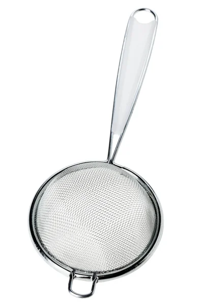 Round metal tea strainer isolated on white — Stock Photo, Image