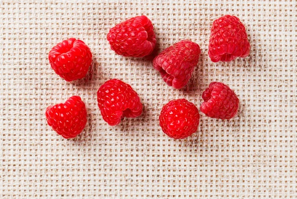 Muitos frutos de framboesa maduros vermelhos, em toalha de mesa de linho cinza com co — Fotografia de Stock