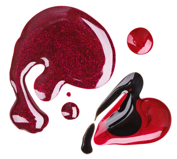 Esmalte vermelho, roxo e preto (esmalte) amostras mancha, isolar — Fotografia de Stock