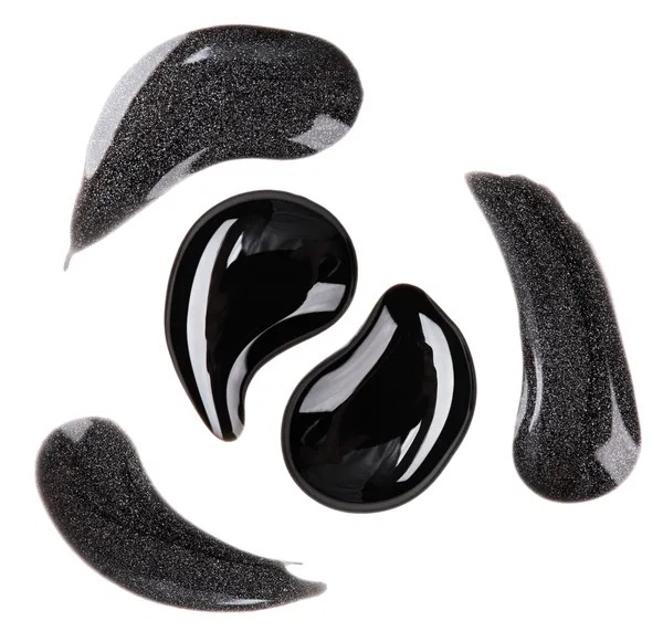 Чорний і срібний лак для нігтів (емаль) краплі зразка, ізольовані на — стокове фото