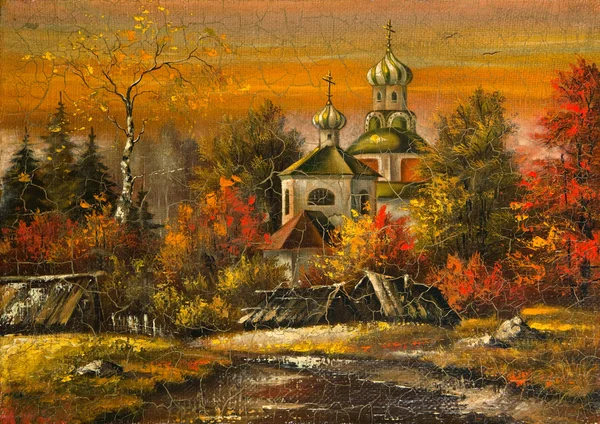 Древняя картина. Церковь в деревне — стоковое фото