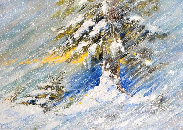 Spar-boom in de sneeuw. een afbeelding getekend door olie — Stockfoto