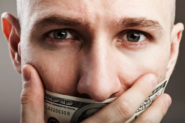 Dollar money gag shut voiceless man — Stock Photo, Image