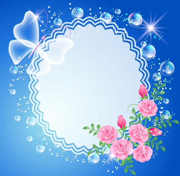 Fond avec cadre, roses et papillon — Image vectorielle