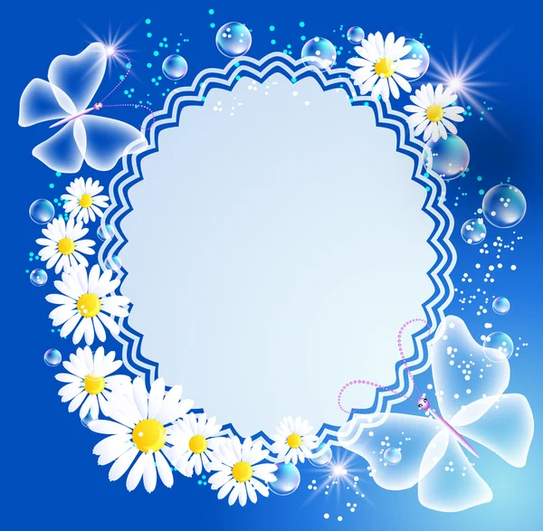 Hintergrund mit Gänseblümchen, Schmetterling und Rahmen — Stockvektor