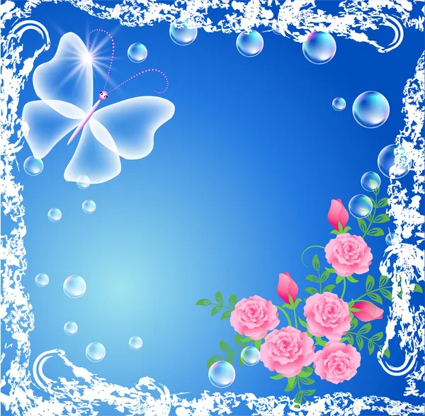 Papillon, roses et bulles dans un cadre grunge — Image vectorielle