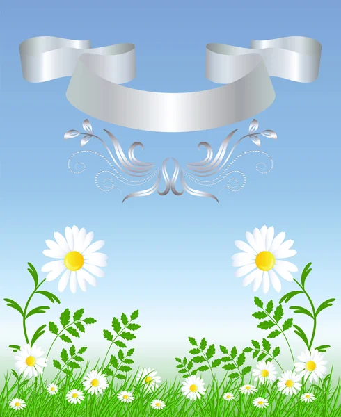 Camomilles avec ruban argenté — Image vectorielle