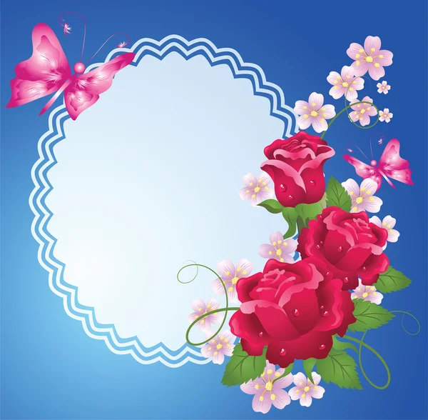 Achtergrond met frame, rozen en vlinder — Stockvector