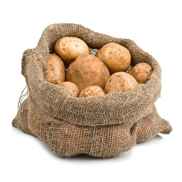 Raw Harvest potatoes in burlap sack Royalty Free Stock Photos