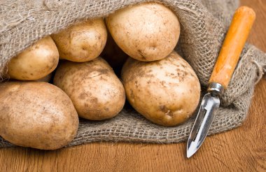 Potatoes in burlap sack with a rustic knife to clean the vegetab clipart