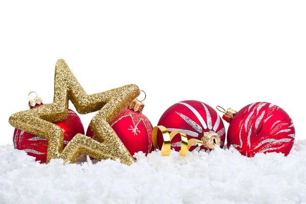 Złota piątka wskazał gwiazda i czerwoną piłkę świątecznych dekoracji — Zdjęcie stockowe
