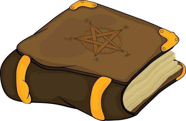 Il libro magico con simboli pentagramma. Cartone animato — Vettoriale Stock