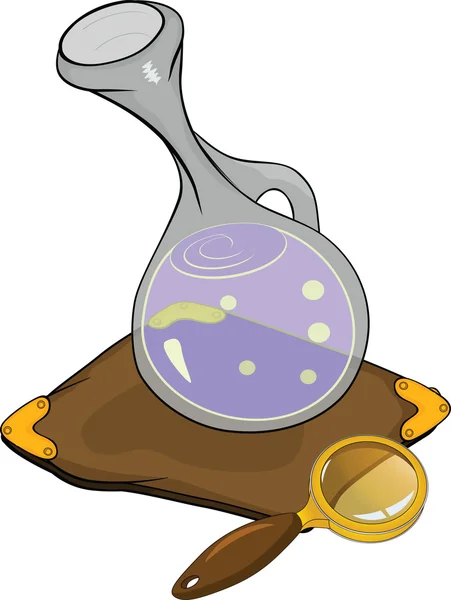 Magic flask and magnifying glass. Cartoon — Stock Vector