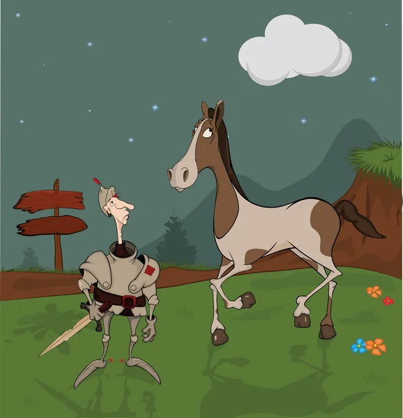 Saga om riddare och stolt häst. Cartoon — Stock vektor