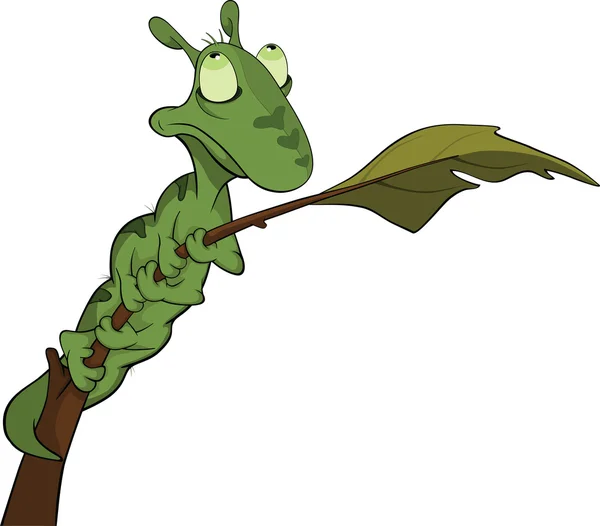 Little green caterpillar on a branch. Cartoon — Stock Vector