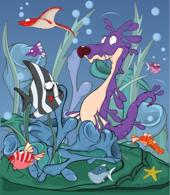 Seahorse and tropical small fishes under water. Cartoon clipart