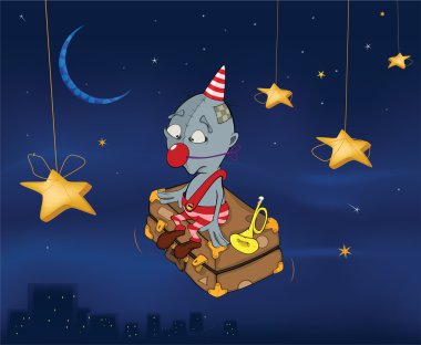 The clown flies on a suitcase.Celebratory night. Cartoon clipart