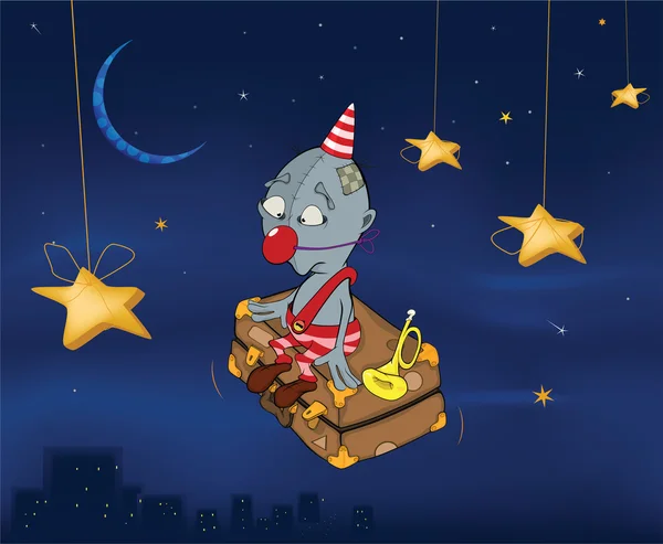 The clown flies on a suitcase.Celebratory night. Cartoon — Stock Vector