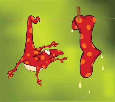 Little red lizard and wet sock. Cartoon clipart