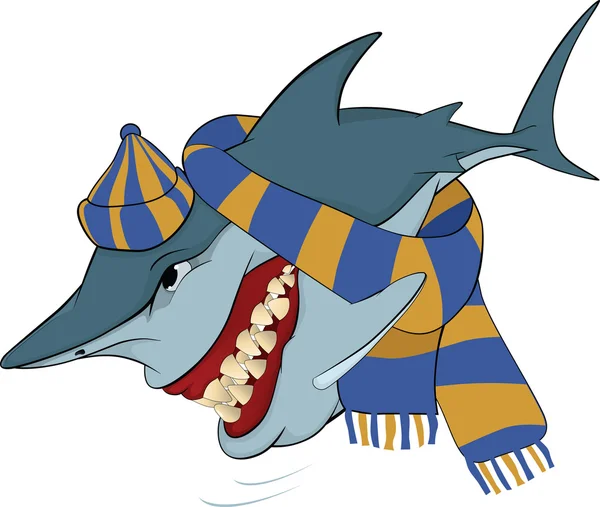 ฉลามร่าเริงพร้อมหมวกและผ้าพันคอ การ์ตูน — ภาพเวกเตอร์สต็อก