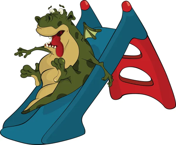 Little green dragon and children swing a hill. Cartoon — Stock Vector