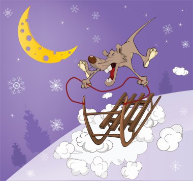Rat and sled. Cartoon clipart