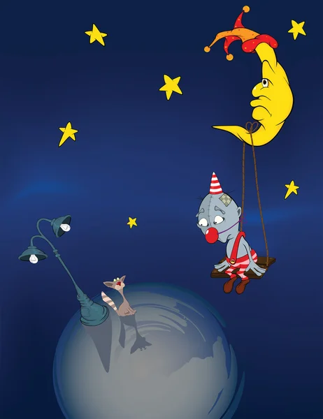 小丑，月亮和一只猫 — 图库矢量图片