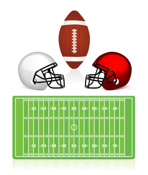 American football field, ball and helmet — Stock Vector