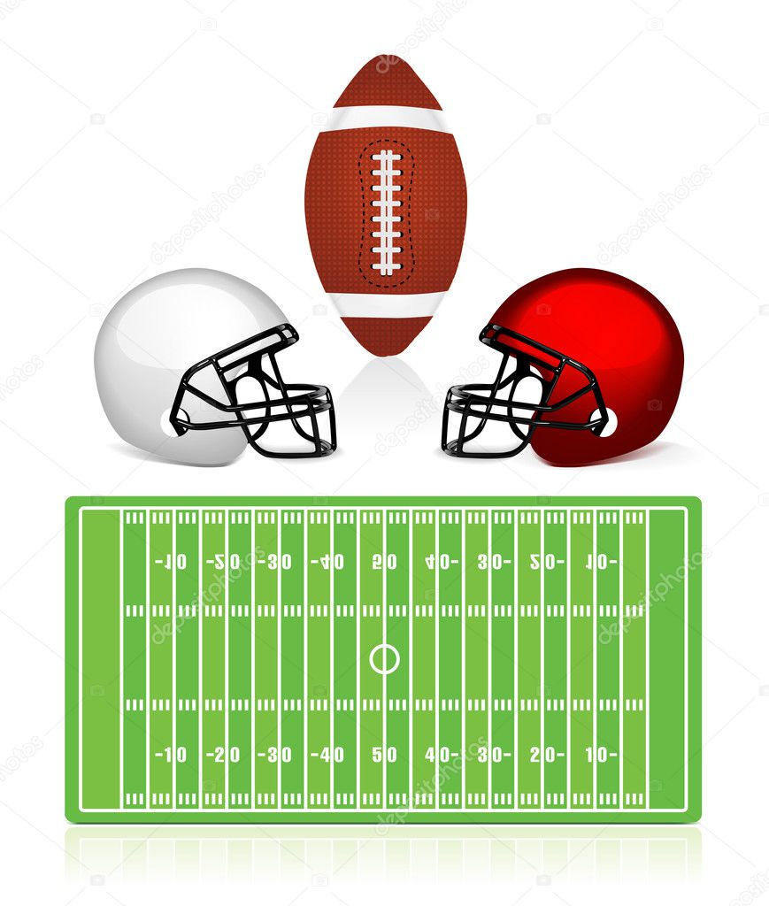 American football field, ball and helmet