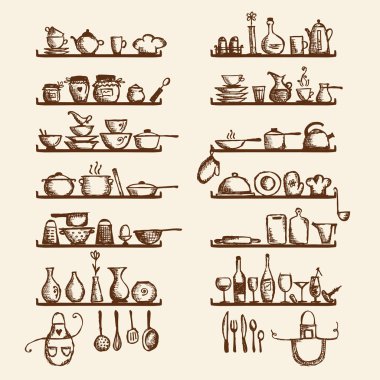 Kitchen utensils on shelves, sketch drawing for your design clipart