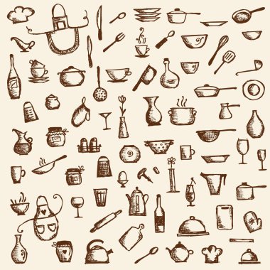 Kitchen utensils, sketch drawing for your design clipart