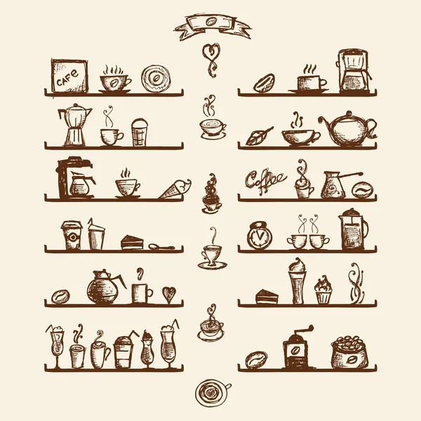 Küchenutensilien in Regalen für Kaffeehäuser, Skizzenzeichnung für Ihre Dekoration — Stockvektor