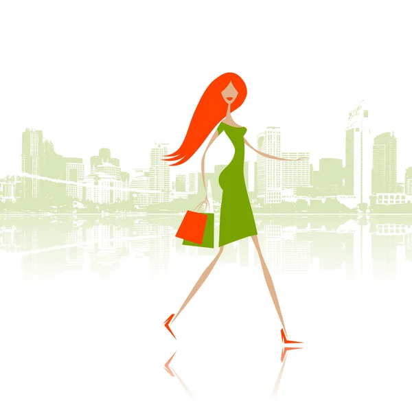Fashion girl avec des sacs à provisions dans la rue de la ville — Image vectorielle
