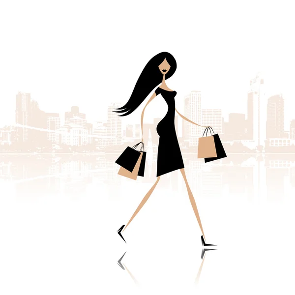 Menina da moda com sacos de compras na rua da cidade — Vetor de Stock