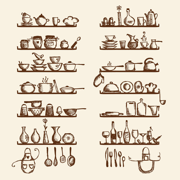 Kitchen utensils on shelves, sketch drawing for your design