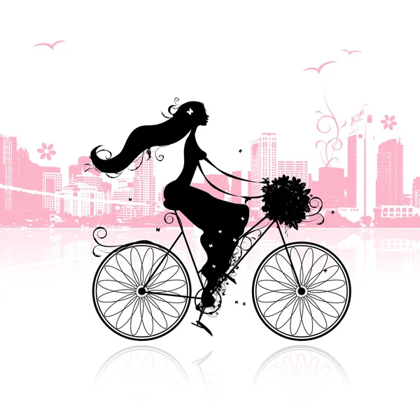 Chica con ramo de flores en bicicleta en la ciudad — Vector de stock