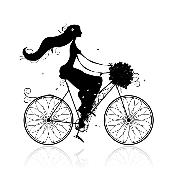 花の花束を持つ少女サイクリング — ストックベクタ