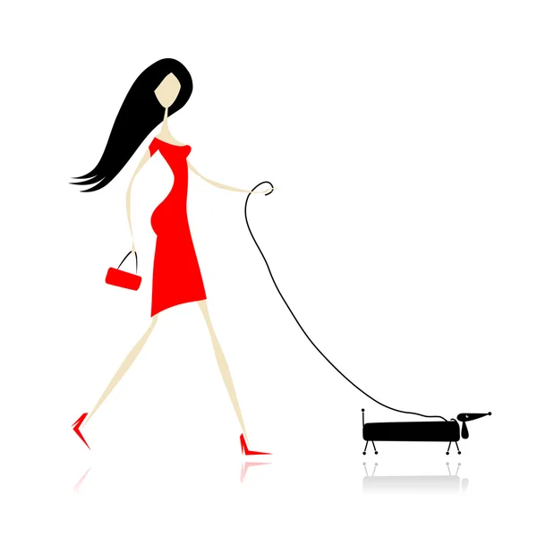 Žena v červených šatech, procházky se psem — Stockový vektor
